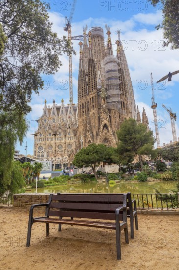 A bench without people in the Basilica of the Sagrada Familia in Barcelona, Spain, Europe