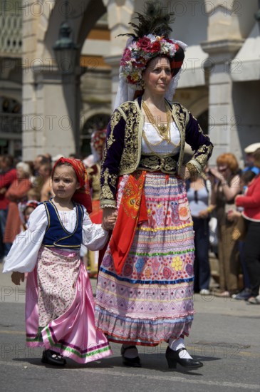 Woman with child in traditional traditional costume, festival in Kerkira, Corfu Town, Corfu, Ionian Islands, Greece, Europe