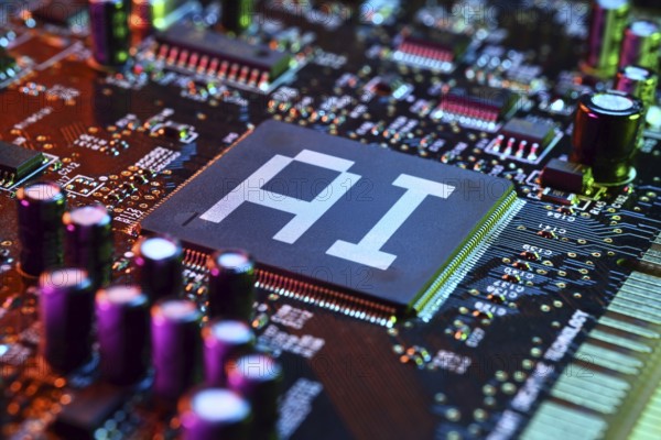 Computer chip labelled AI, photomontage