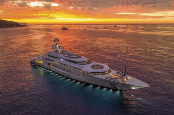 Aerial view of 115 metre motor yacht PELORUS, built in 2003 by the Bremen shipyard Lürssen Yachts for a client from Saudi Arabia, then bought by Russian oligarch Roman Abramovich and later by David Geffen, here the superyacht is anchored off the Principality of Monaco, Mediterranean Sea