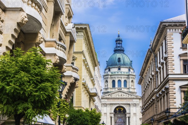 Architecture of Zrinyi utca with St. Stephen's Basilica in Budapest, Hungary, Europe