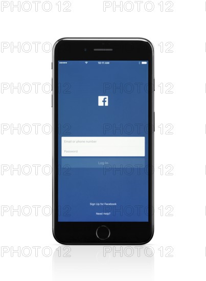 Apple iPhone 7 Plus with Facebook login screen on its display isolated on white background with clipping path