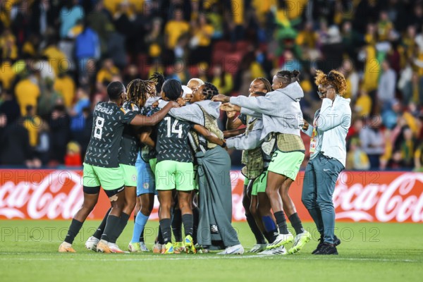 BRISBANE, AUSTRALIA, JULY 27: Nigeria team celebrate beating Australia at the FIFA Women's World Cup Australia New Zealand 2023 at Brisbane Stadium on July 27, 2023