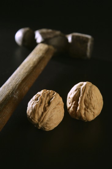Two walnuts and old aged hammer over black background