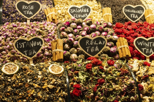 Market with different types of tea, herbs, plants and dried flowers