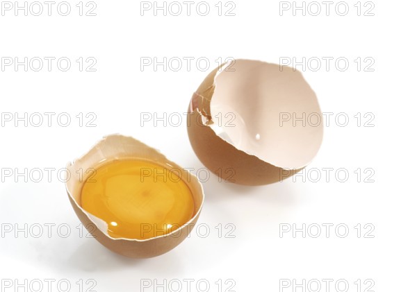 Chicken egg, chicken eggs, eggs, CHICKEN EGG SHOWING YOLK against white background