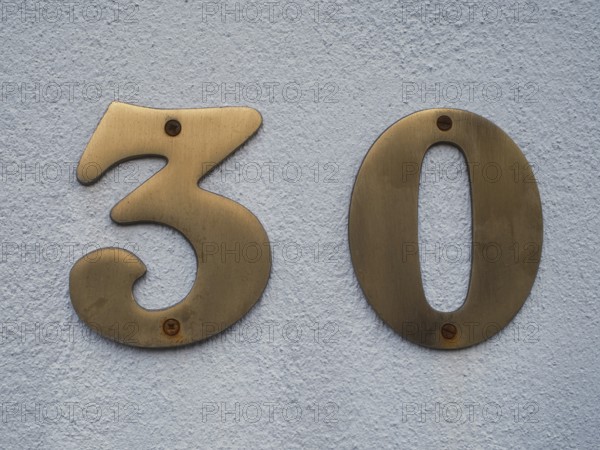 House number plate, number 30, digit, anniversary, birthday, North Rhine-Westphalia, Germany, Europe