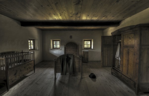 Old farmhouse bedroom, open-air museum "Museum Tiroler Bauernhöfe", Kramsach, Kufstein District, North Tirol, Tirol, Austria, Europe