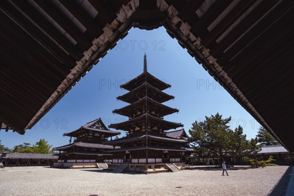 A man walks in front of the five-storey pagoda of the Horyuji Buddhist temple in Nara. The temple and pagoda are more than 1400 years old