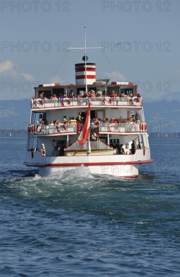 On Lake Constance, Lake Constance shipping, sailing boats, near Immenstaad, passenger ship: Austria, view of the Alps, tree trunk on the beach