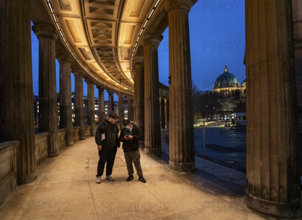 Germany, Berlin, 19.12.2024, Museum Island, newly renovated part of the Colonnades, Museum Courtyard National Gallery, Berlin Cathedral, tourists, Europe
