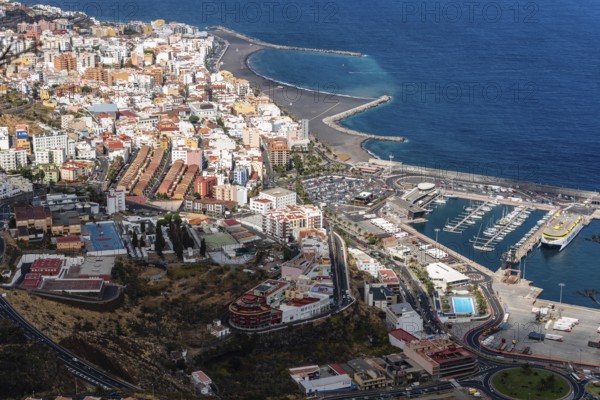 Santa Cruz de La Palma, Spain, August 13, 2021: Aerial View of the City of Santa Cruz de La Palma and the Port. Tenerife, Canary Islands, Europe