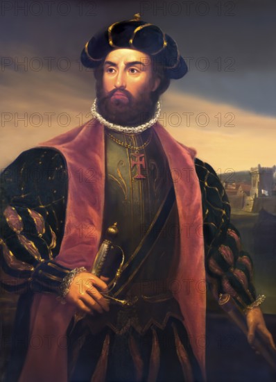Vasco da Gama, c. 1460s – 1524, Portuguese explorer, digitally edited according to a painting by António Manuel da Fonseca