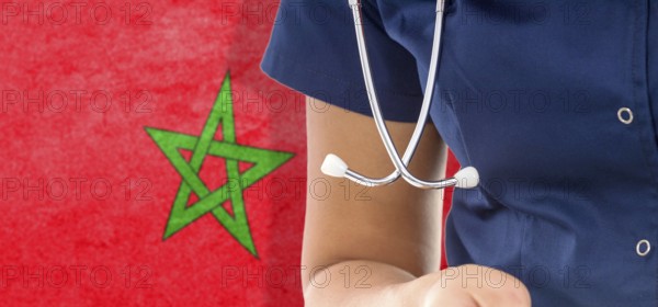 Morocco flag female doctor with stethoscope, national healthcare system