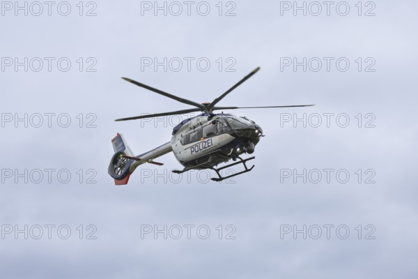 Landing approach of the new H145 police helicopter from Airbus Helicopters, which was taken over by the Saxony police helicopter squadron for the qualification and further training of flying and technical personnel Dresden, Saxony, Germany, Europe