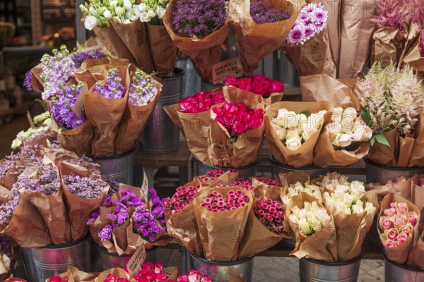 Bundled bouquets in front of a flower shop, Germany, Europe