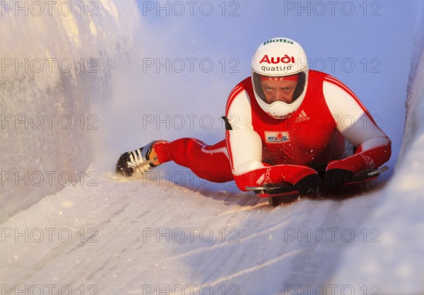 Skeleton tobogganist in Innsbruck bobsleigh track, Bobbahn Igls, Innsbruck, Tyrol, Austria, Europe