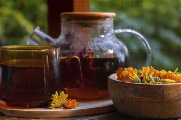 Calendula flower healthy tea in glass mug with tea pot on garden table. Herbal medicine Delicious tisane tea with fresh yellow blossom dandelion flowers tea cup. Green clearing infusion Wildflowers Eco friendly sustainable eating