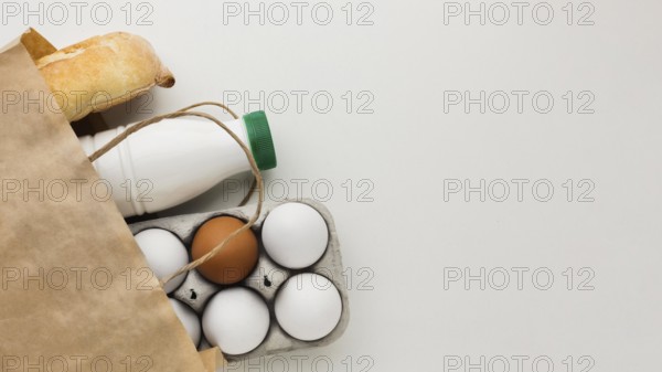 Top view organic eggs fresh milk with copy space. High resolution photo