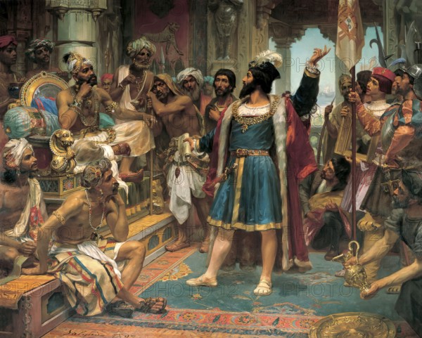 Vasco da Gama presenting a letter from the King of Portugal to the Samudrin von Calicut, Kozhikode, state of Kerala in India, 20 May 1498