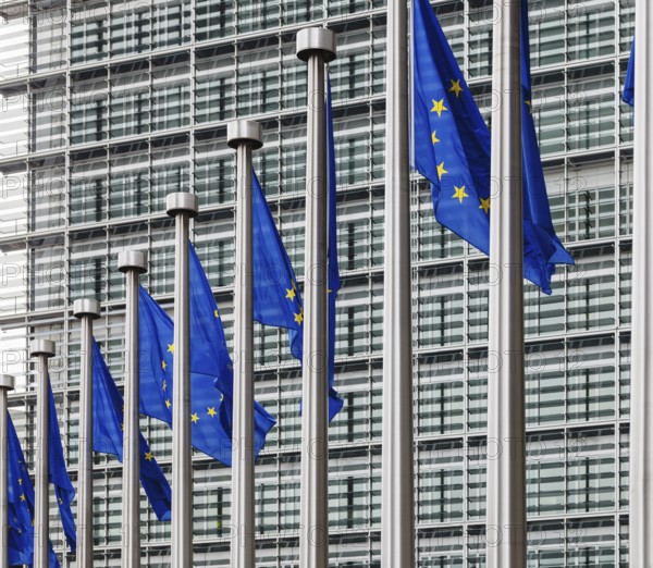 Flags of European Union in front of European Commission building in Brussels, Belgium, Belgium, Europe