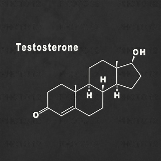 Testosterone Hormone Structural chemical formula white on black background