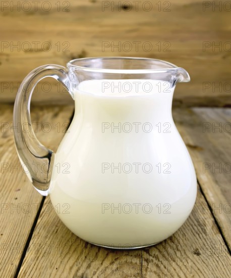Milk in a glass jar on a wooden boards background
