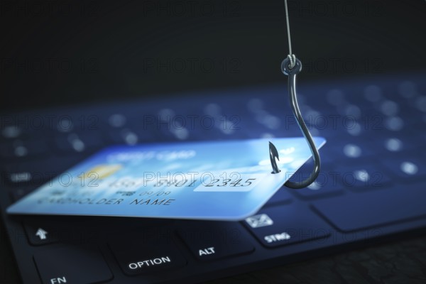 Phishing credit card data with keyboard and hook symbol 3d illustration