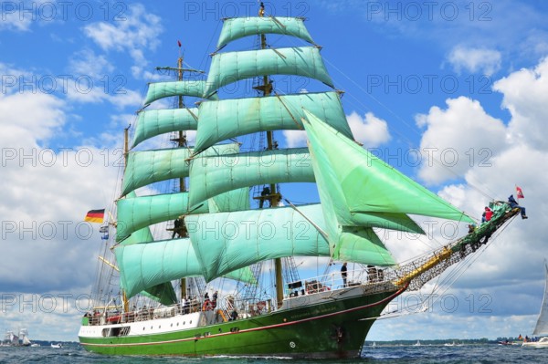 Fjord, sailing ship, Alexander von Humboldt I., barque, full sail, Germany, Europe