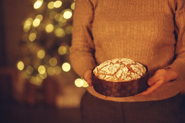 Cropped shot of woman holding delicious freshly baked homemade Christmas pie while standing against blurred xmas tree in background, preparing food for New Years Eve, selective focus on panettone cake in hands