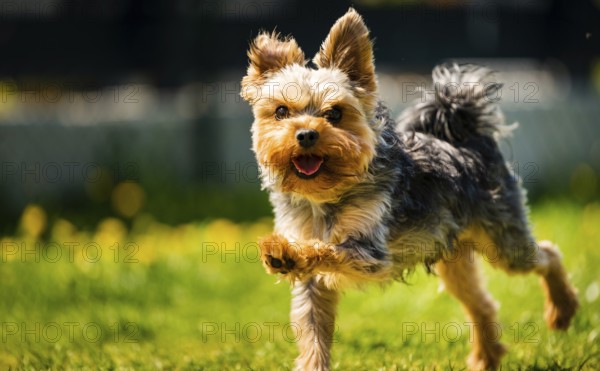 Funny Yorkshire Terrier dog running towards camera in the grass full of dandelions in backyard
