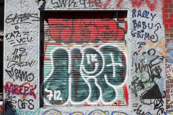 Colourful graffiti on a shutter of a window, Bremen, Germany, Europe