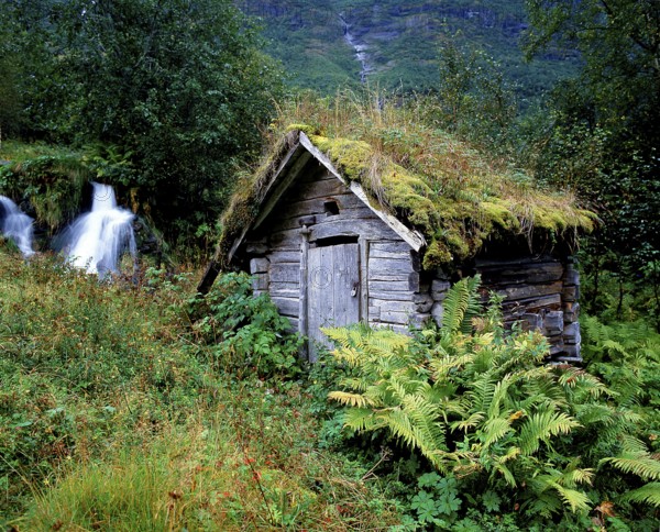 Old dilapidated wooden hut with creek