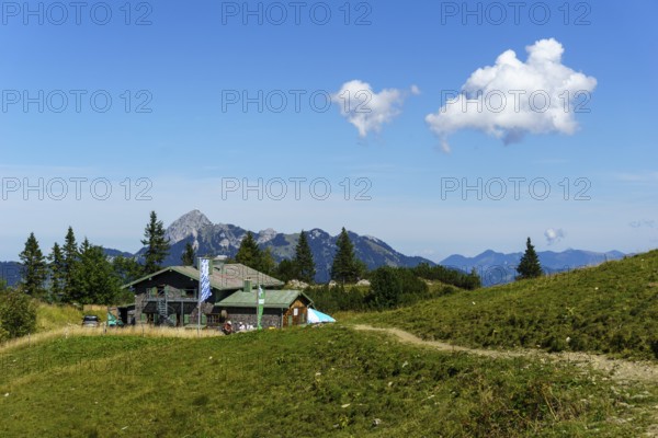 Taubensteinhaus in front of Wendelstein, Spitzingsee, Mangfall Mountains, Upper Bavaria, Germany, Europe