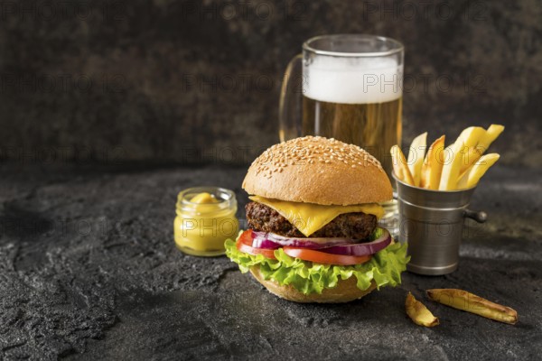 front view beef burger fries sauce beer. High resolution photo