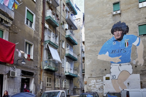 Naples Campania Italy. Made on the occasion of the second Scudetto of Napoli, in the 1990, the mural of Maradona is located in the Quartieri Spagnoli and has been restored in the 2016 thanks to the contributions of the citizens of the area. Quartieri Sp