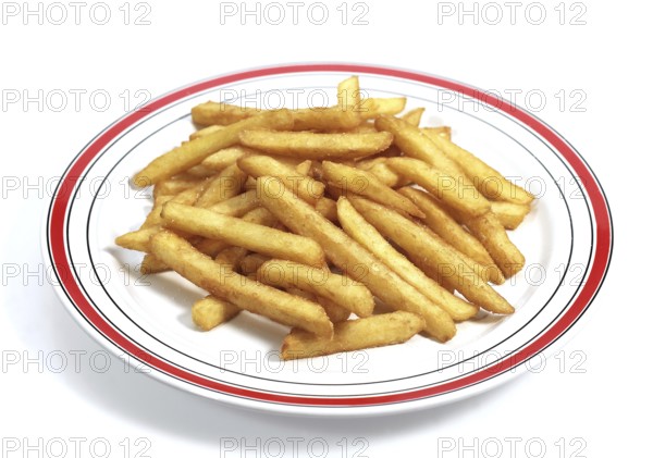 PLATE WITH FRENCH FRIES IN FRONT OF WHITE BACKGROUND