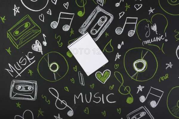 Spiral blank notepad blackboard with drawn musical notes cassette tapes compact discs. Resolution and high quality beautiful photo