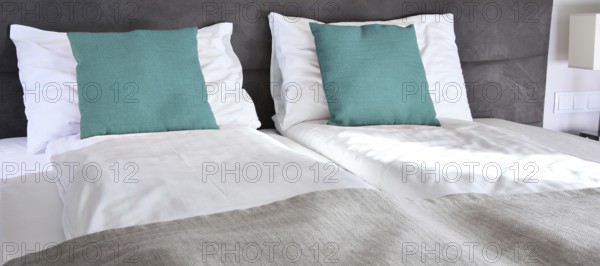 Double bed in hotel room. Accommodation