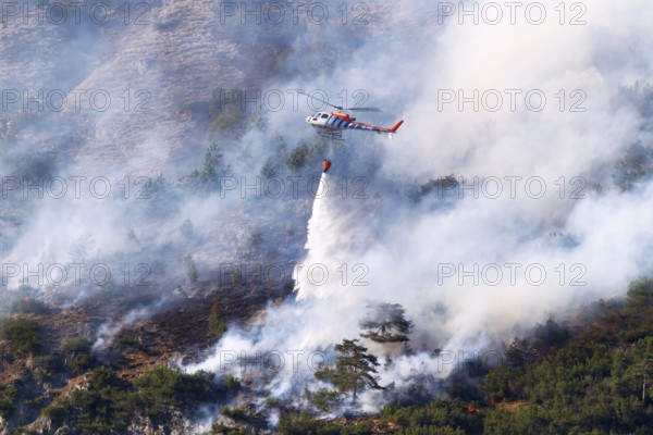 Helicopter dumping water during a forest fire, Tyrol, Austria, Europe