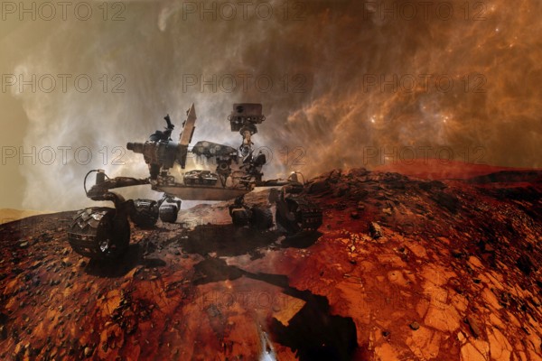 Curiosity rover exploring the surface of Mars. Science fiction wallpaper. Elements of this image furnished by NASA