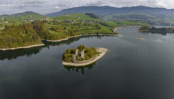 Islands in the reservoir, Ile d'Ogoz with castle ruins and Chapelle Saint Théodule, Lac de Gruyère, Lake Gruyère, reservoir, aerial view, Pont-en-Ogoz, Fribourg, Switzerland, Europe