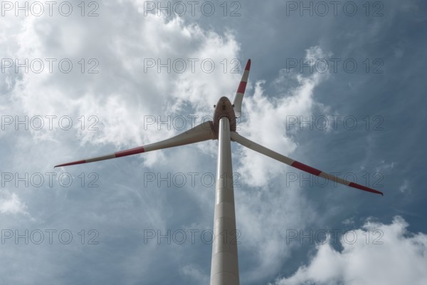 Wind turbines in summer near Waldsachsen in the Hassberge district of Lower Franconia