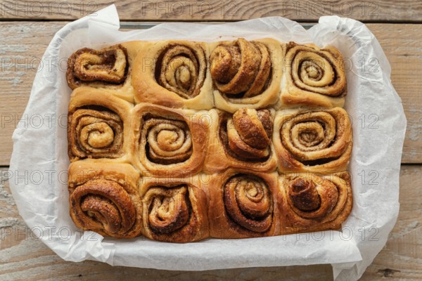 Top view cinnamon rolls tray