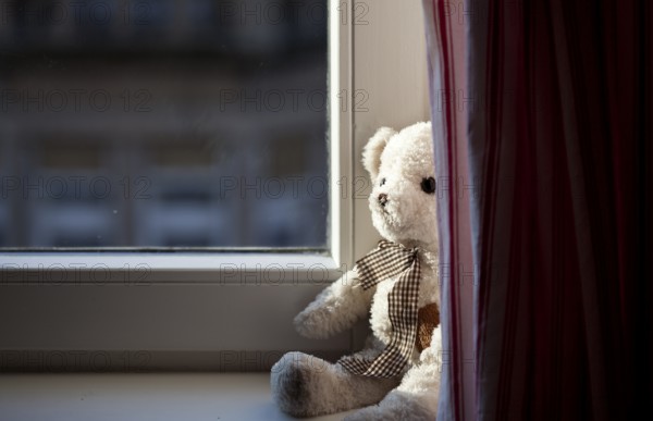 Toy bear sitting at the window, illuminated by warm sunlight