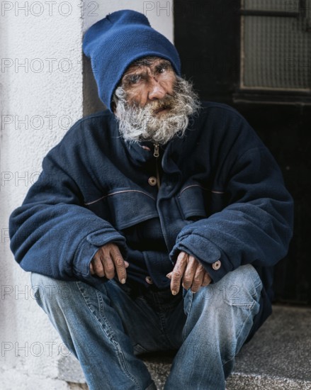Front view homeless man with beard doorstep