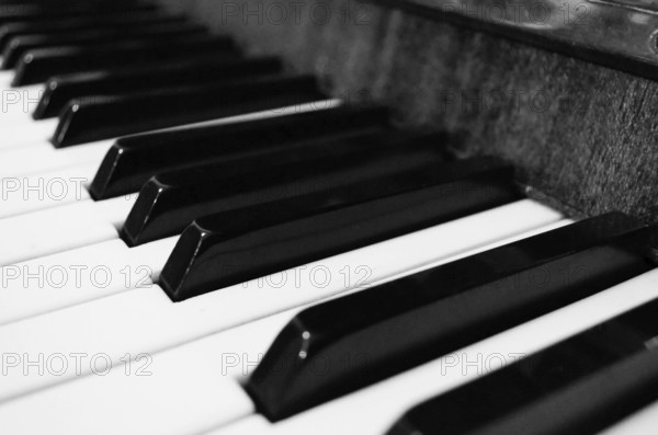 Black and white piano keyboard. Piano keyboard monochrome close-up picture. Retro style picture