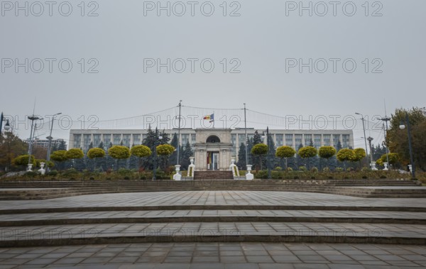 View from the square of the Triumphal Arch in front of the government building, Chisinau, Moldova. Historical landmarks of the capital city