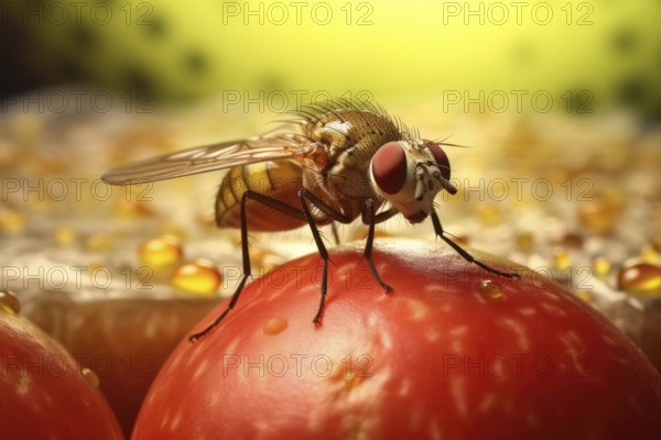 Close-up of a fruit fly, fruit fly, vinegar fly (Drosophila Melanogaster) on fruit, AI generated