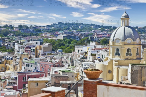 PROCIDA, ITALY - CIRCA AUGUST 2020: panoramic view of the mediterranean Italian island close to Naples in a summer day